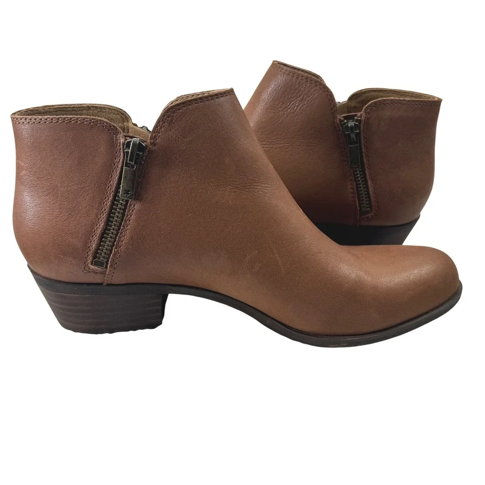 Lucky Brand Burklee Ankle Boots Women 9.5 Cognac Leather Side Zip Western Casual